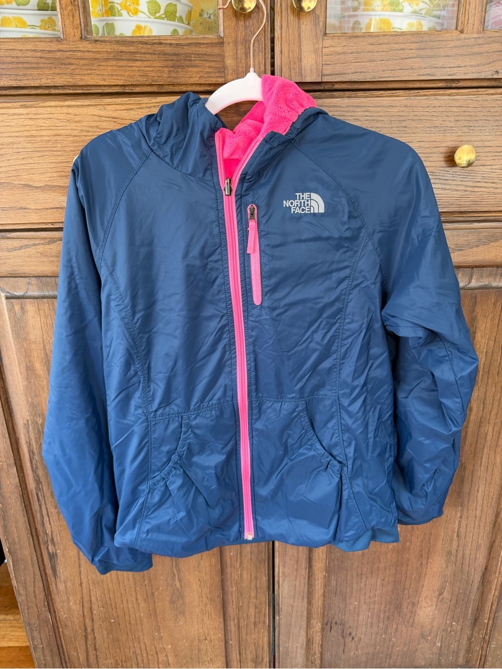 The North Face Girls Reversible WindWall Fleece Jacket Navy Pink L 14/16